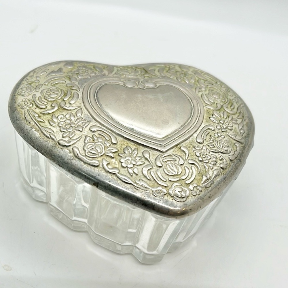 Vintage Heart-Shaped Silver and Glass Jewelry Trinket Box Ring Box cottage core